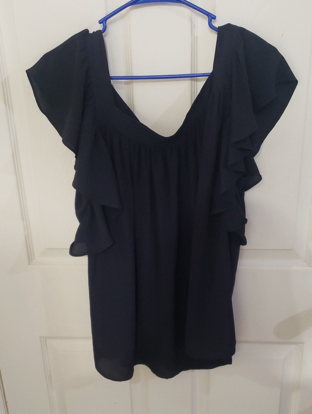 Ann Taylor Navy Chiffon Ruffle Sleeve Blouse XL